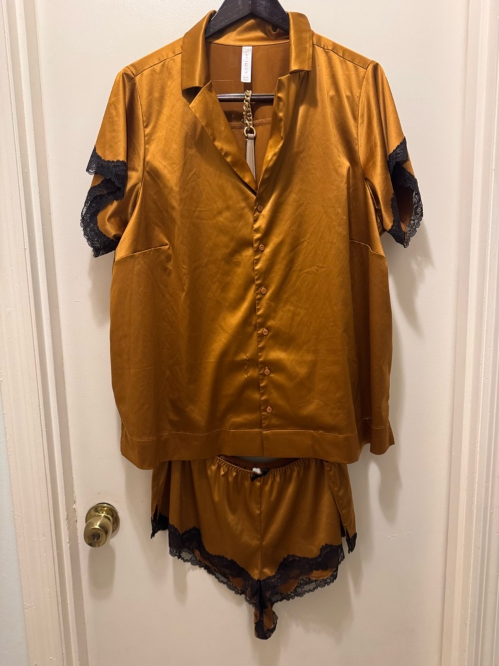 Caciquqe Silky Gold Satin Short Sleeve Pajama Set with Black Lace Trim